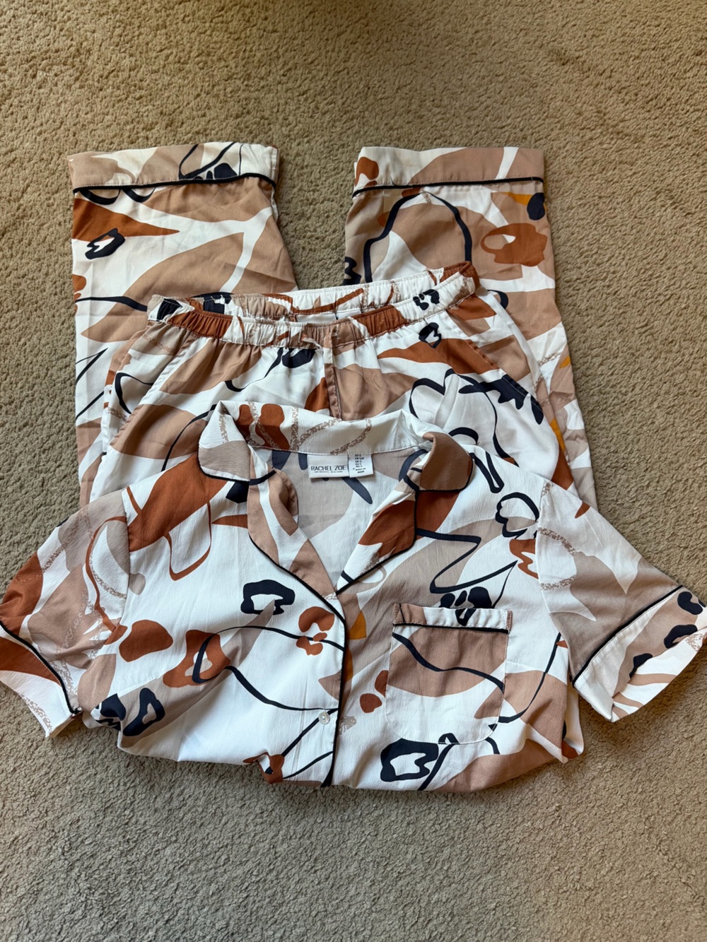 Rachel Zoe Abstract Print Pajama Set in White, Brown and Black